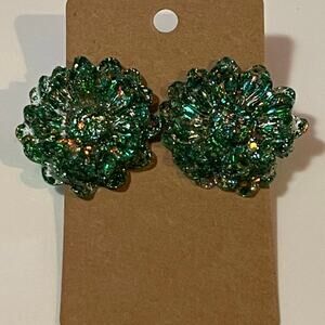 Handmade epoxy resin large flower earrings - green‎ glitter with gold flecks
